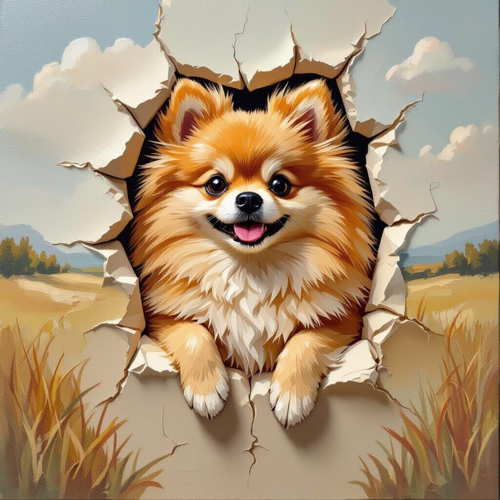 Golden Pomeranian Emerging From Textured Impasto Painting