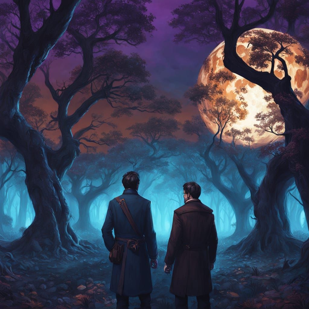 Fantasy Girl Between Men in Moonlit Woods