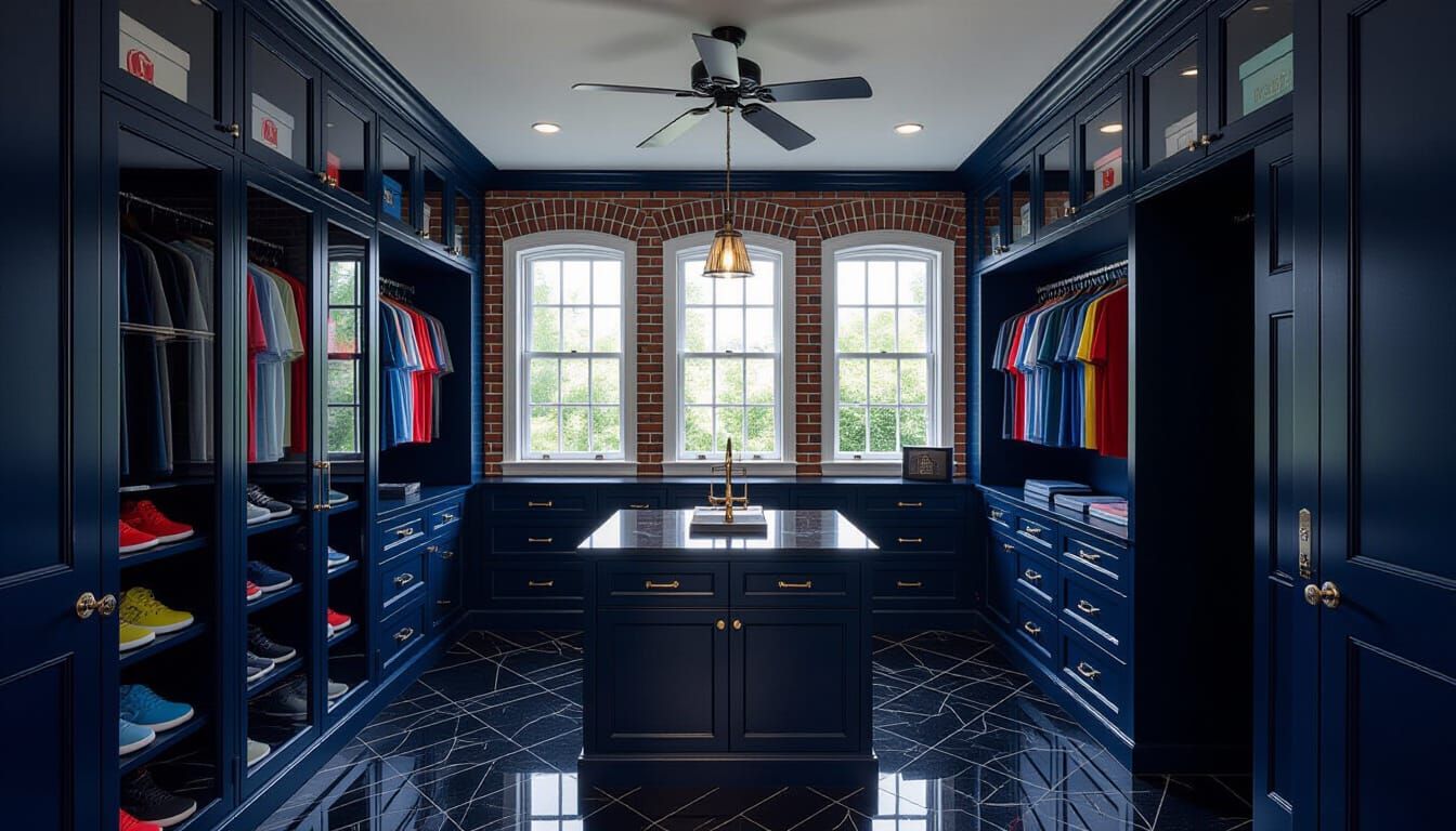 Victorian Walk-In Closet with Blue Glass and Brick Accents