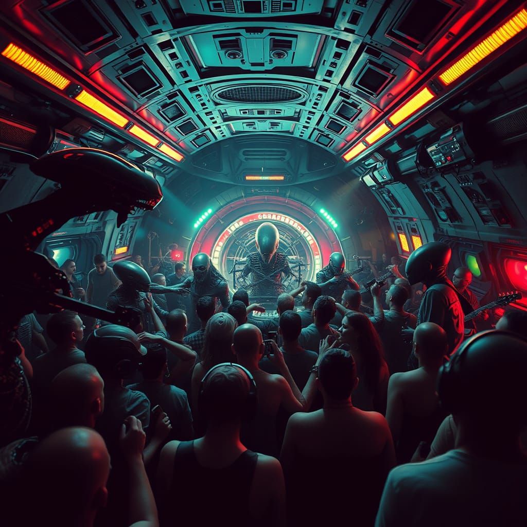 Cyberpunk Alien Mosh Pit in Space Station