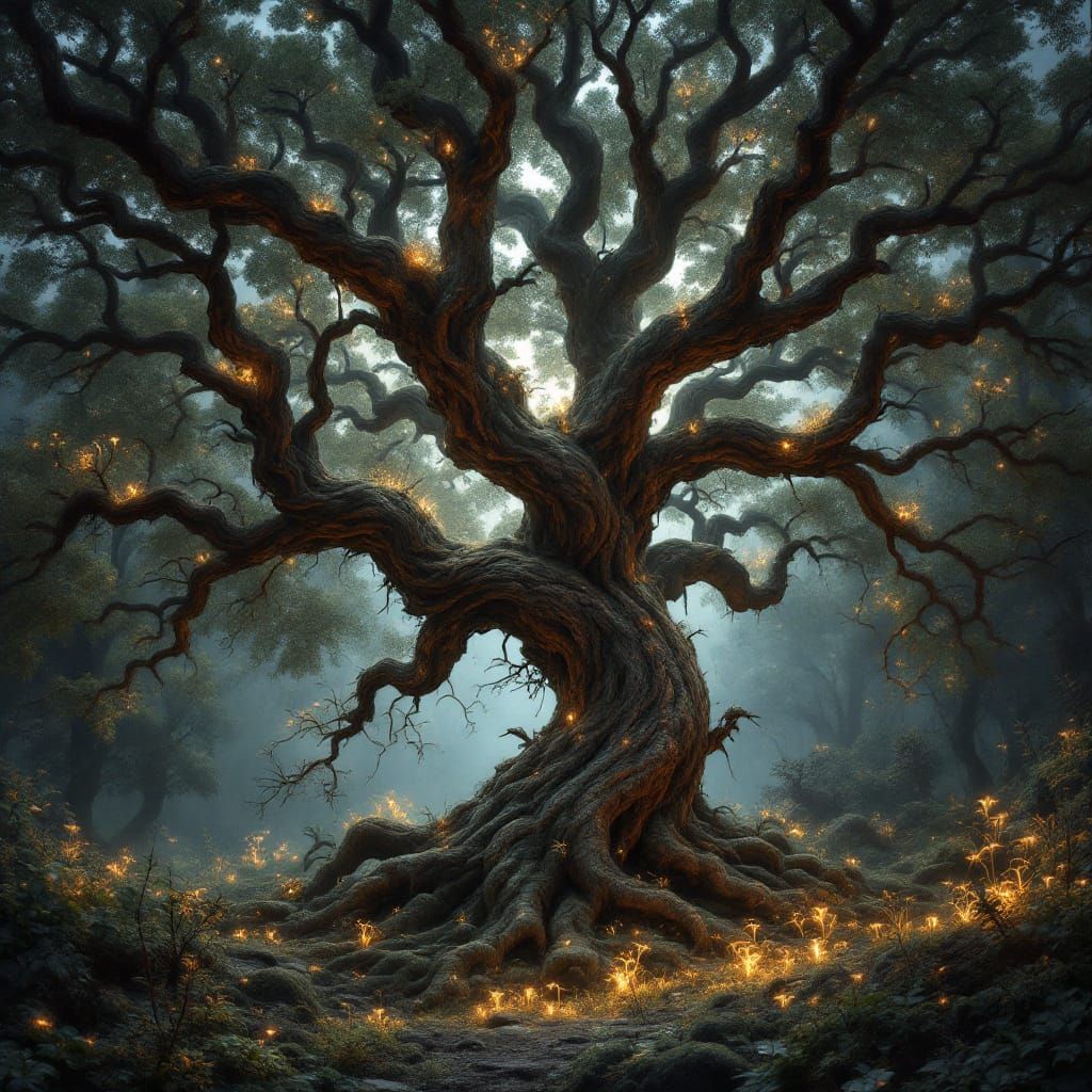 Mystical Druid Oak Tree in Bioluminescent Forest