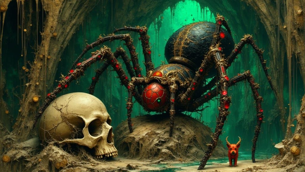 Evil Spider Queen and Frazetta-Inspired Minion on Gothic Sku...