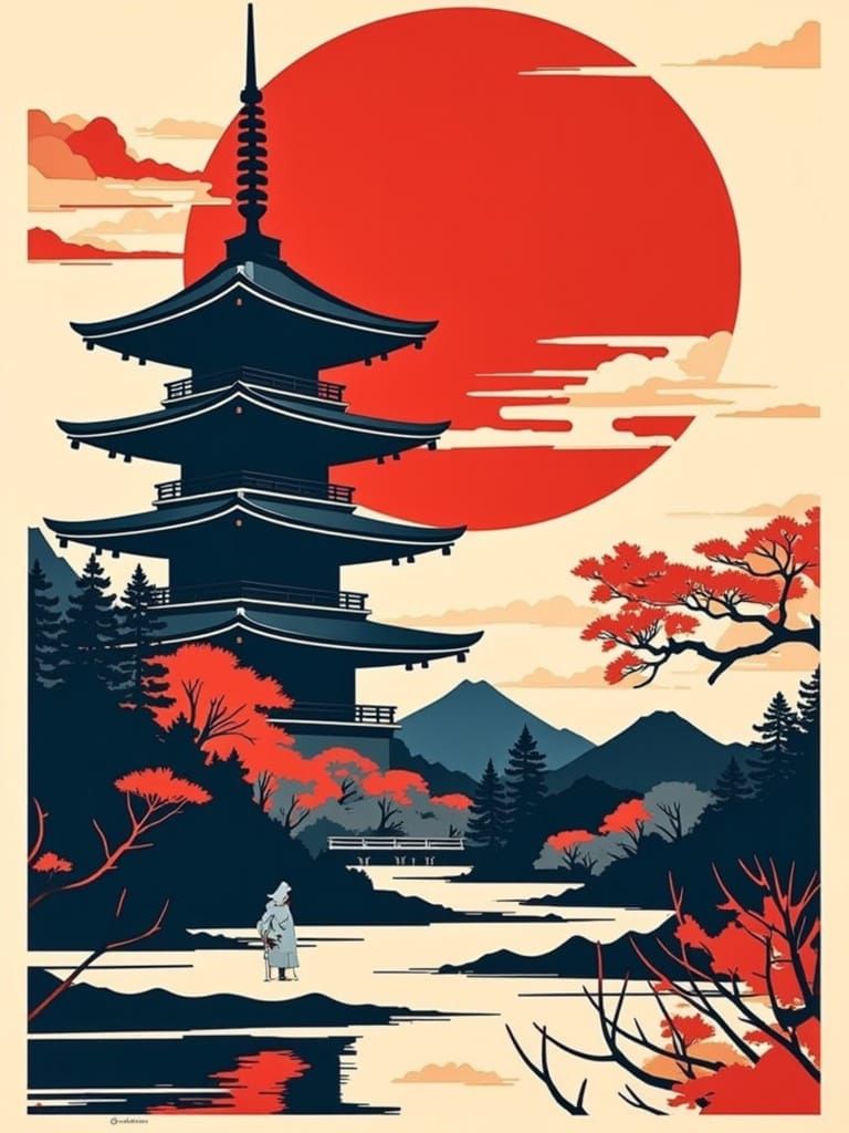 Japanese Landscape in Bold Graphic Style