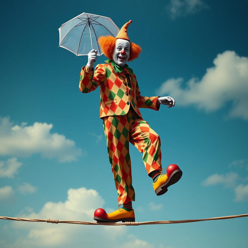 Clown Balances on Sagging Tightrope with Parasol