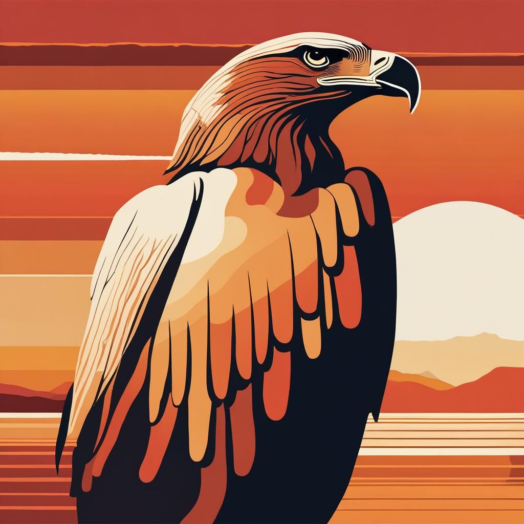 Minimalist Eagle Sunset: Pastel Woodcut Art