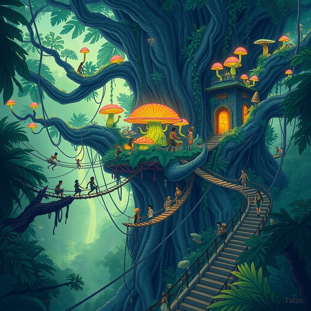 Whimsical Afrofuturist City Glows within Ancient Tree Canopy