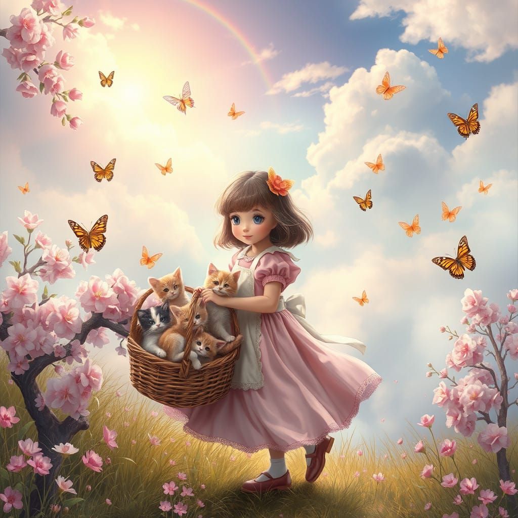 Whimsical Girl Surrounded by Kitties and Blooming Cherry Blo...