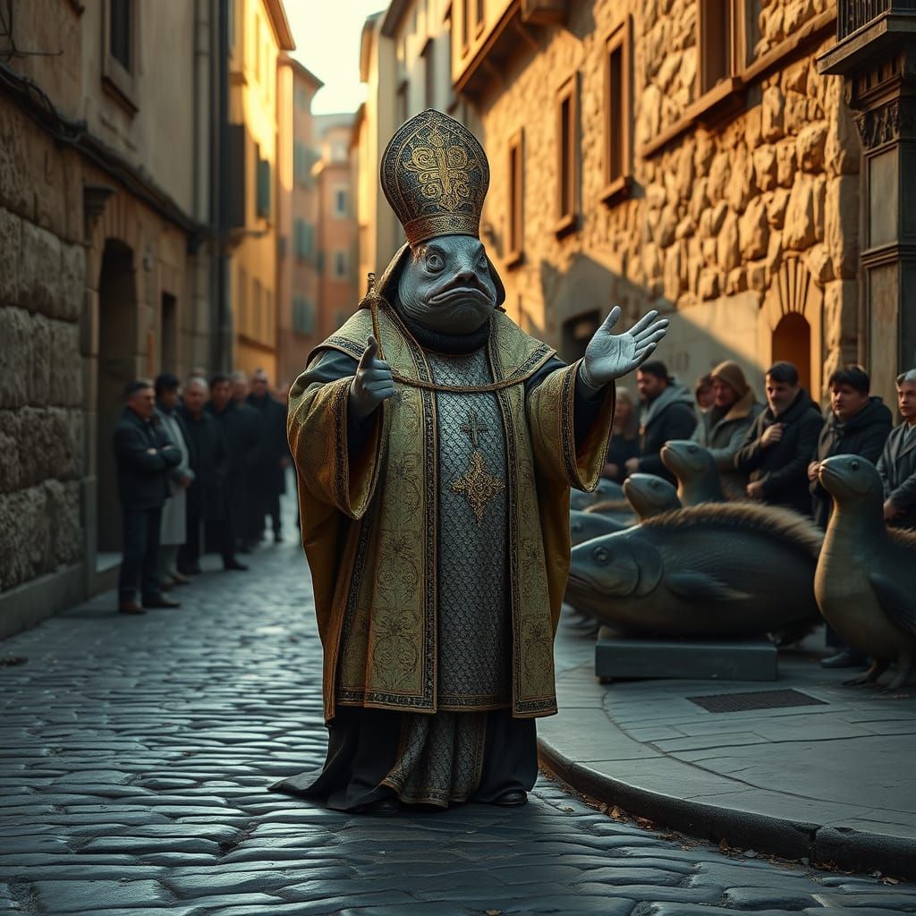 Fish Priest Preaches to Fawning Flock in Fantastical, Surrea...