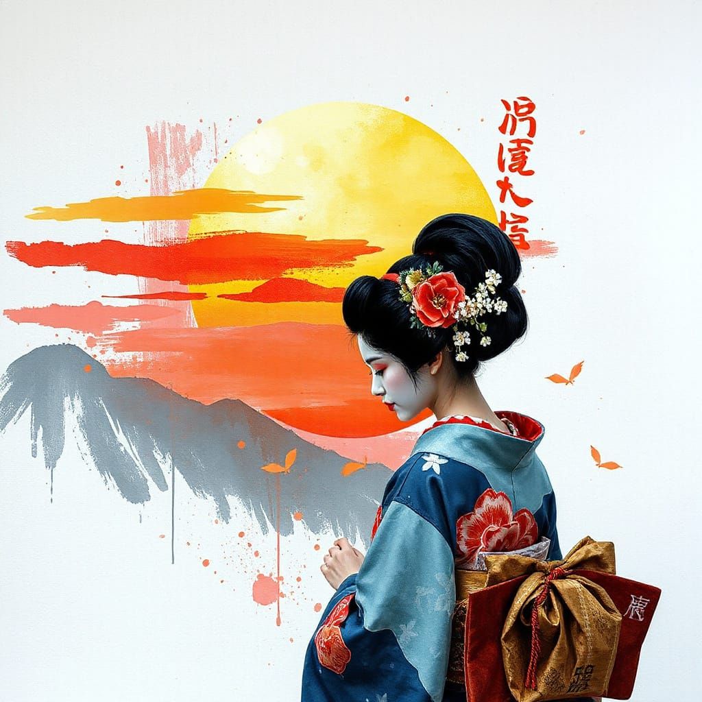 Surreal Geisha in Impasto Japanese Landscape at Sunset