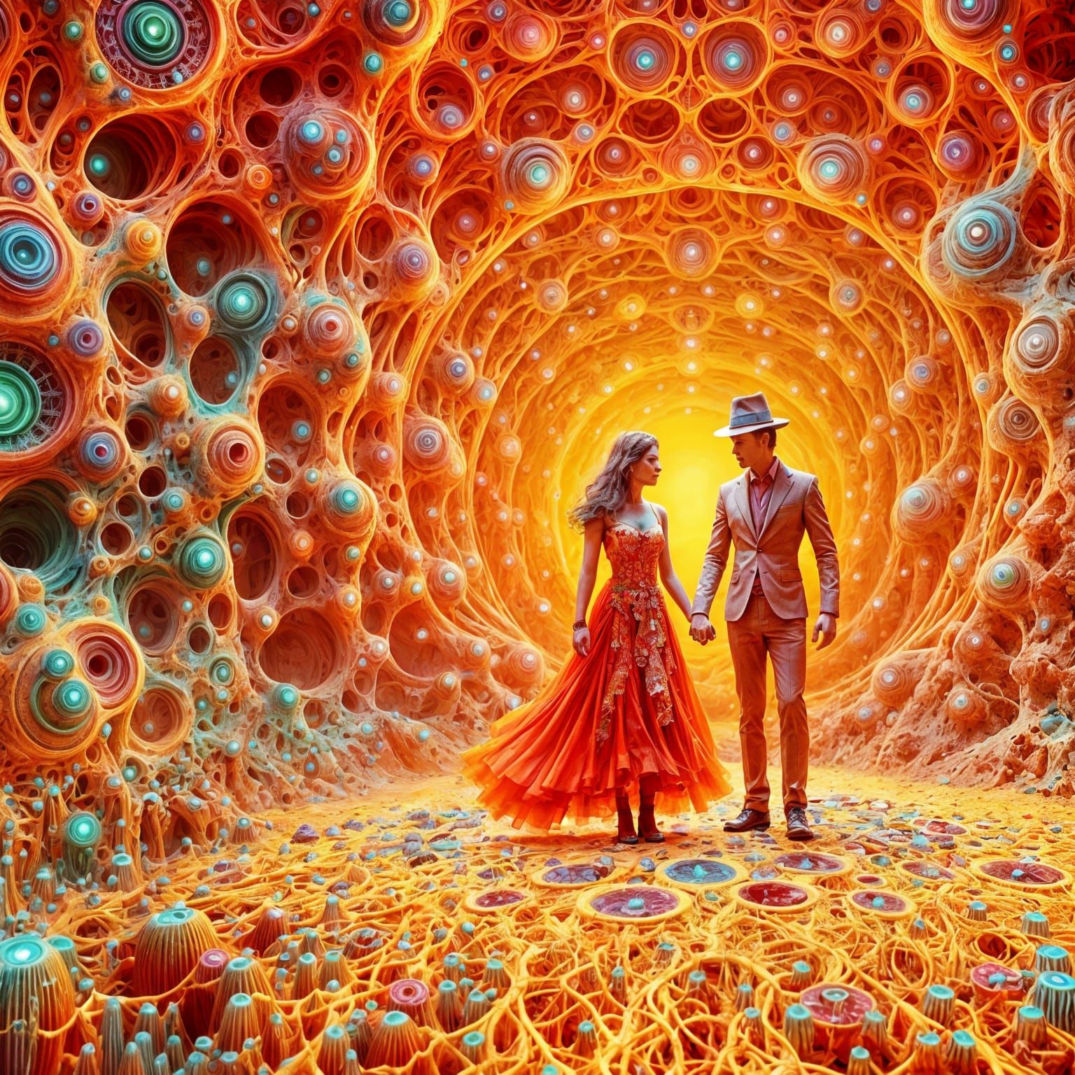 Vibrant Orange Couple Portrait in Psychedelic Style