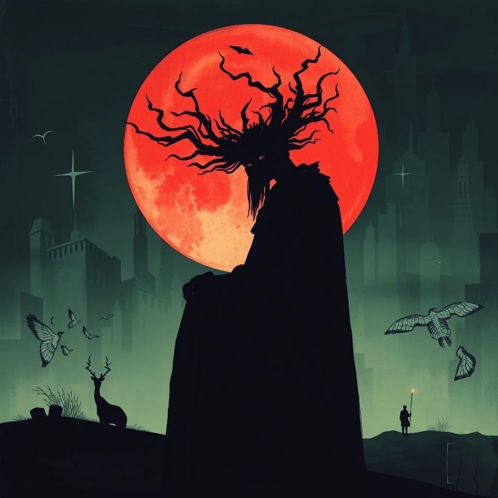 Sinister Moonlit Landscape in Expressionist Style