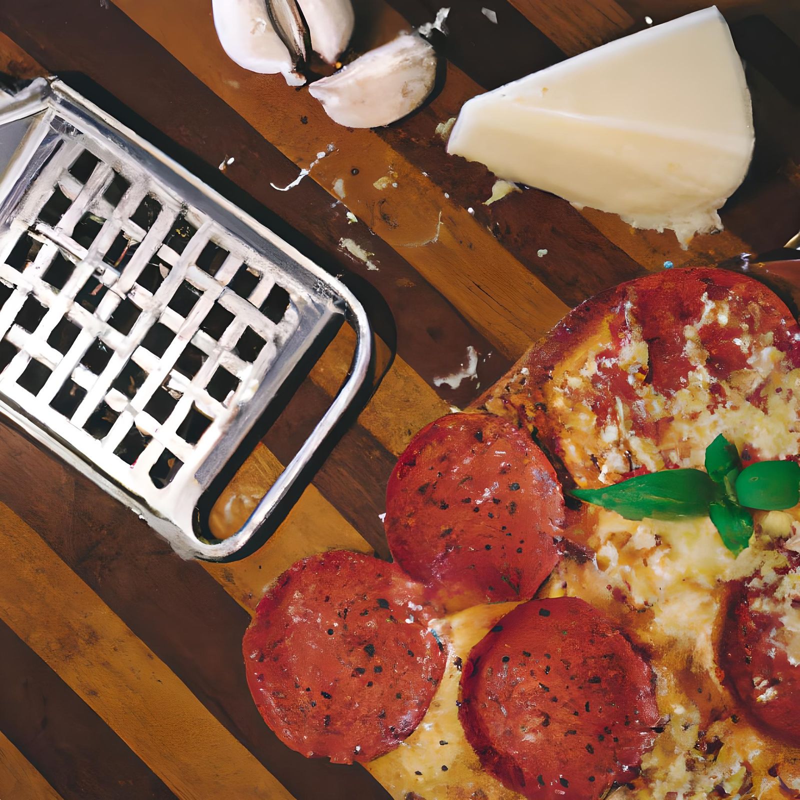 Delicious Pepperoni Pizza with Basil and Garlic Bread