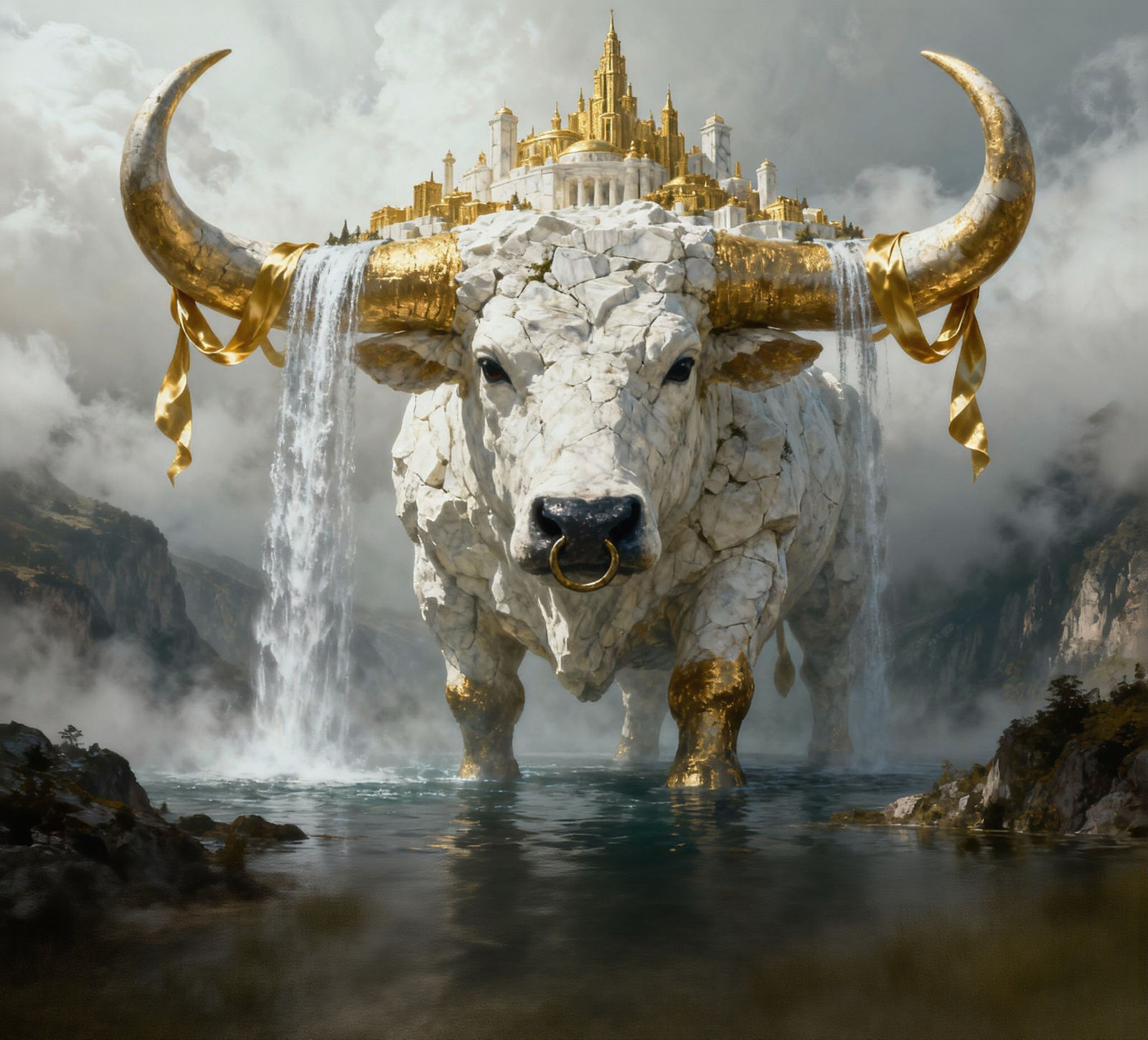 Giant Marble Bull With Golden City on Horns