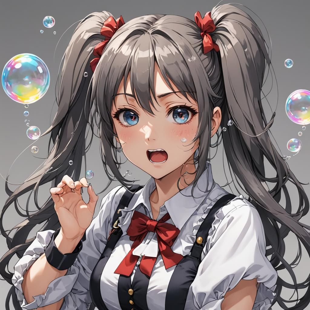 Anime Girl with Twin Tails Blowing Bubbles