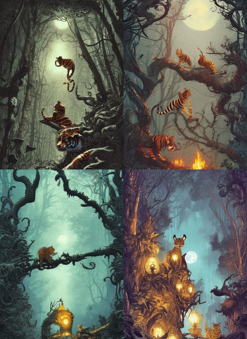 Burning Tiger in Dark Forest Watercolor Painting