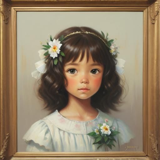 Cute Flower Girl in Oil Painting Style