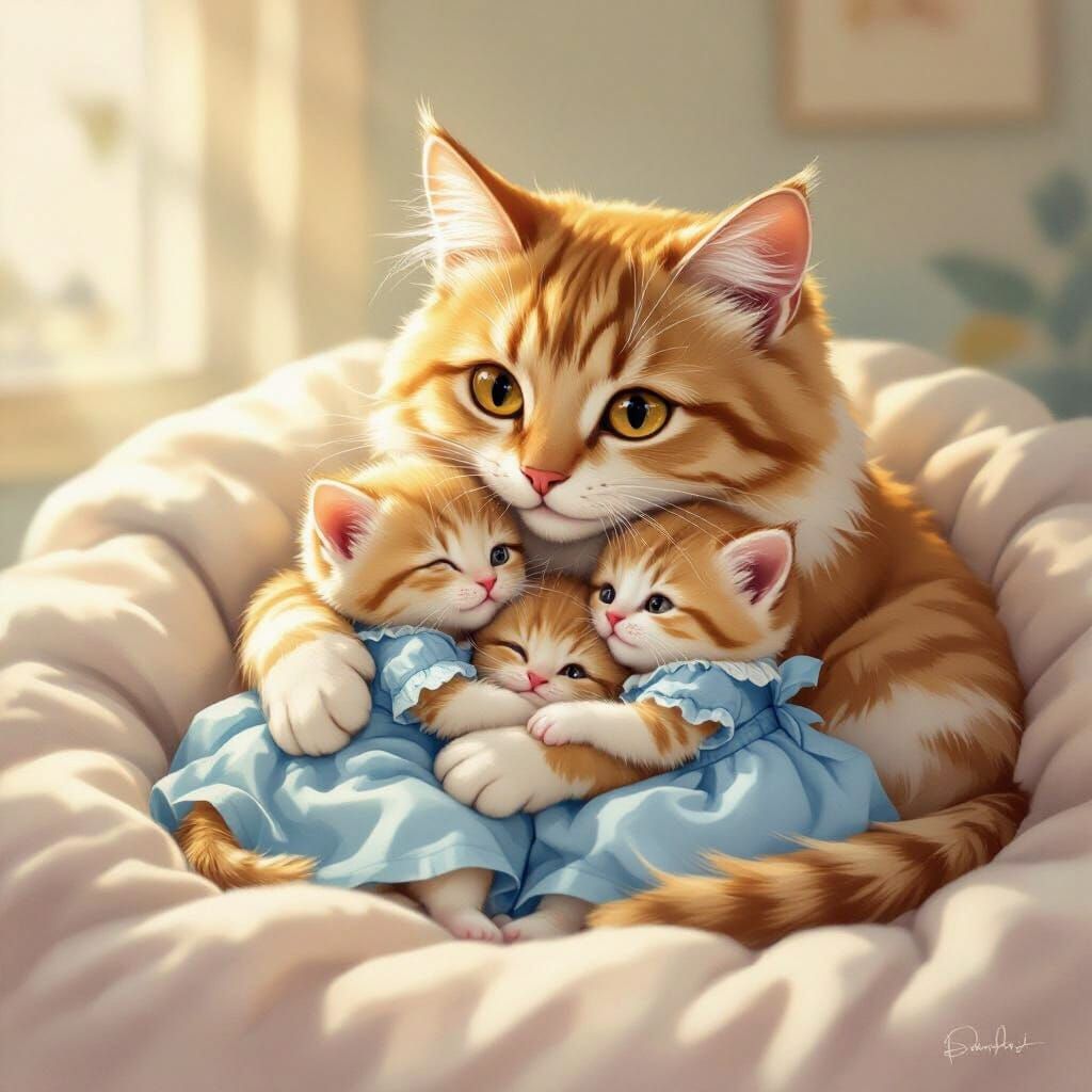 Mother Cat and Kittens Cuddling in Blue Dresses