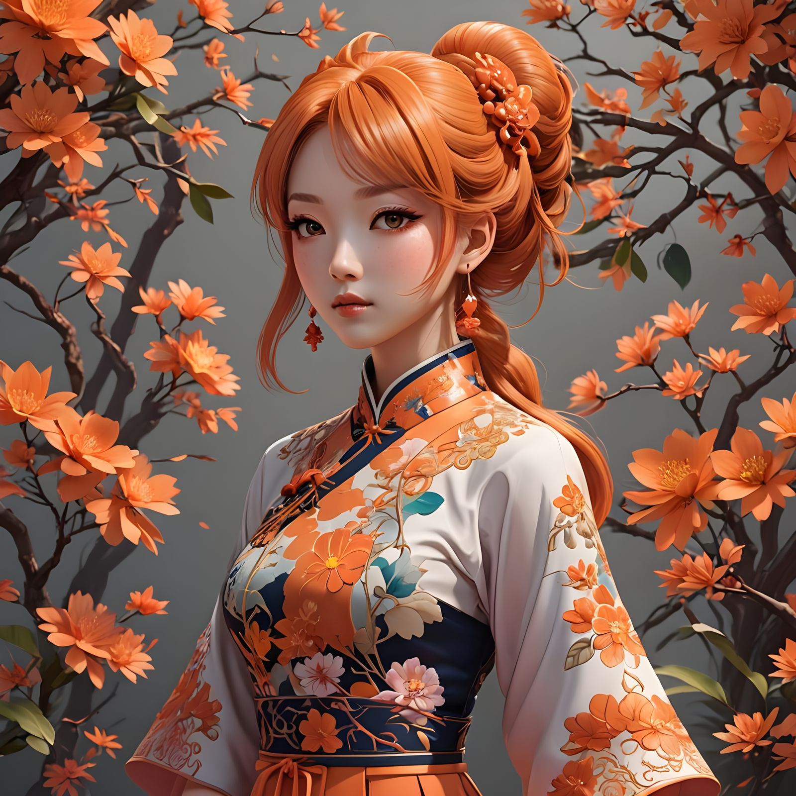 Orange-Haired Anime Girl in Qipao: 3D Art