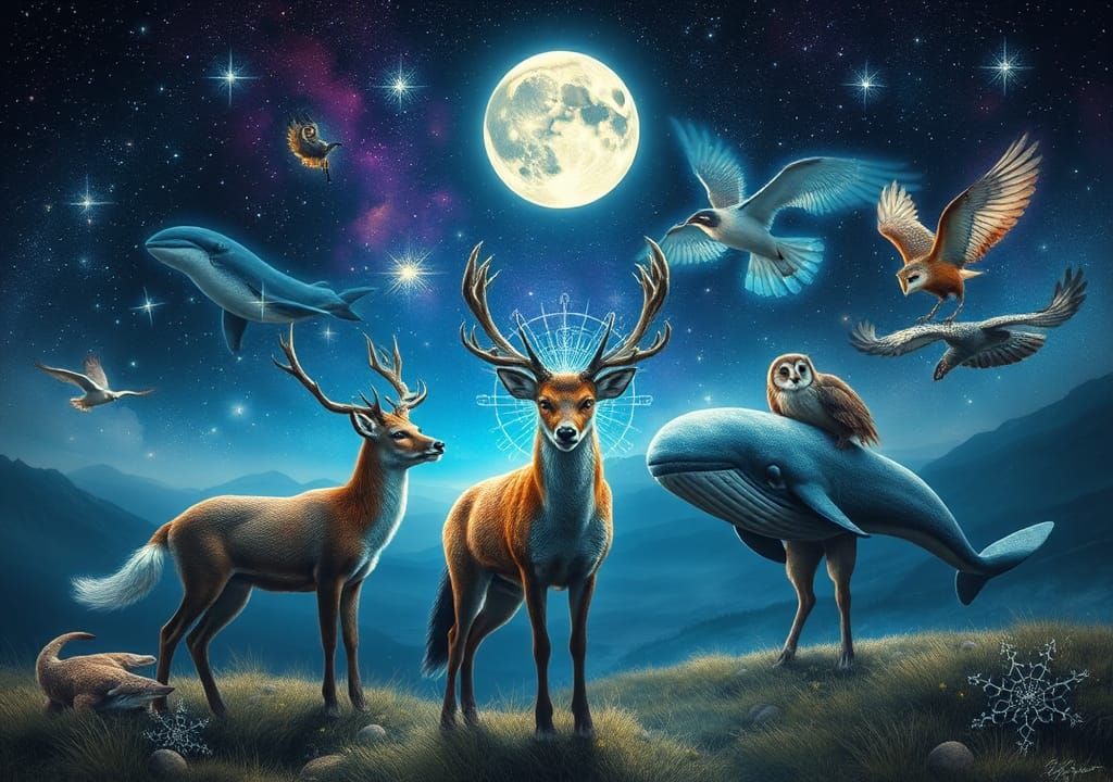 6 Images (6a): Images from Dreamland. Whales can fly in dreamland. All animals live there peacefully together.