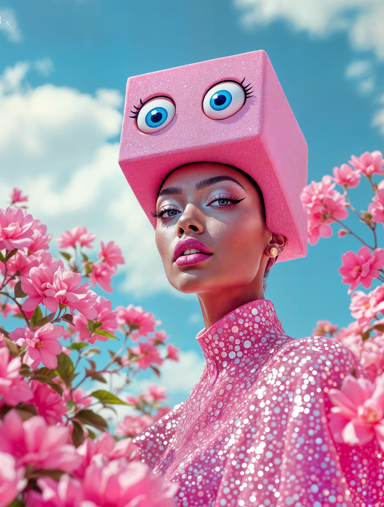Whimsical Fantasy Portrait in Vibrant Pink and Blue