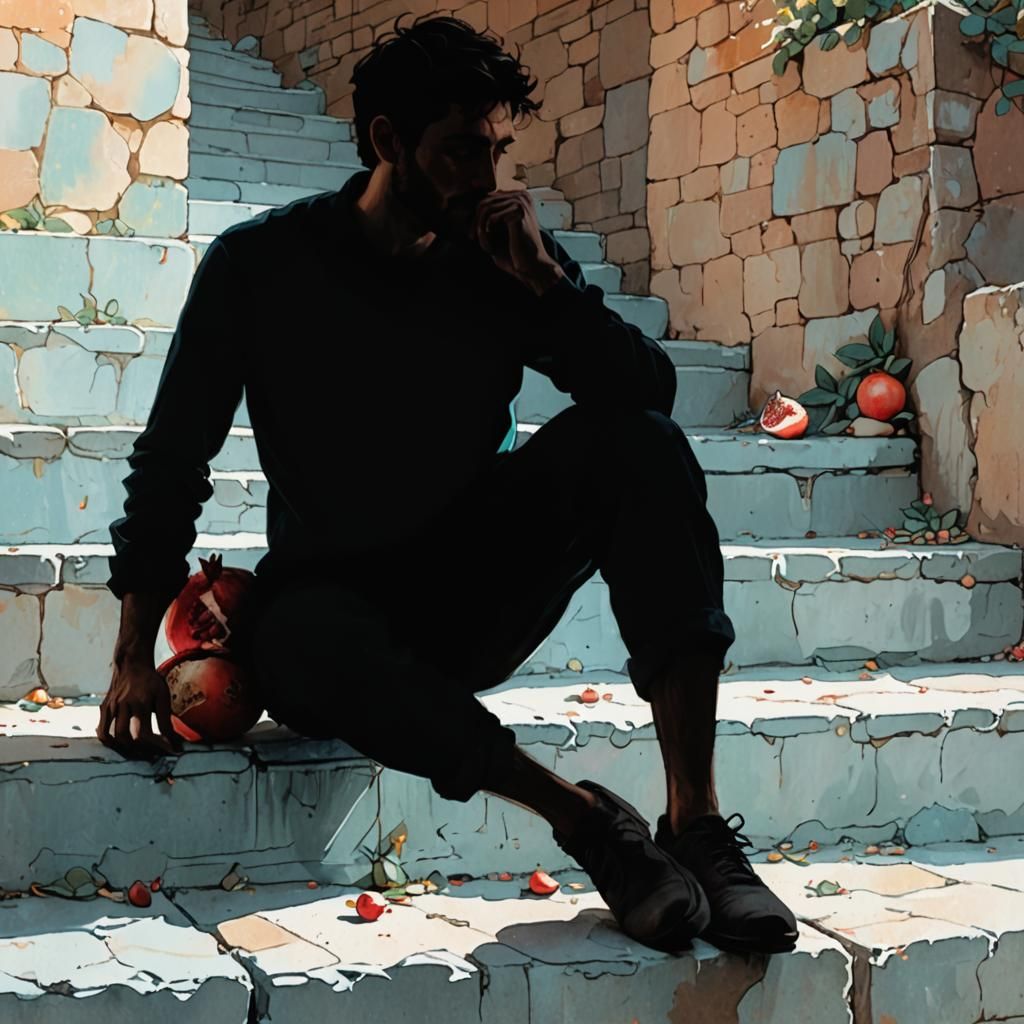 Surreal Scene of a Man in a Ruined Staircase Eating a Pomegr...