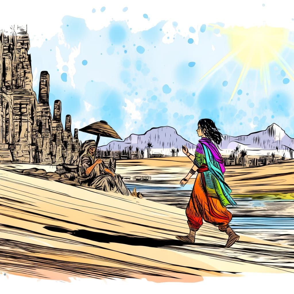 South Asian Traveler in Ancient Ruins: Manga Style