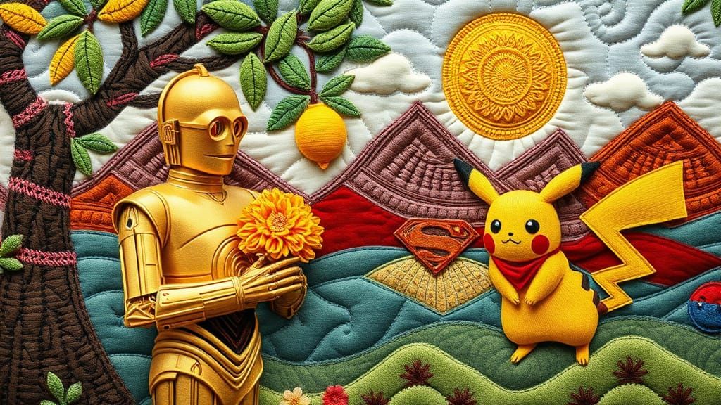 C3PO standing with flowers welcoming Pikachu