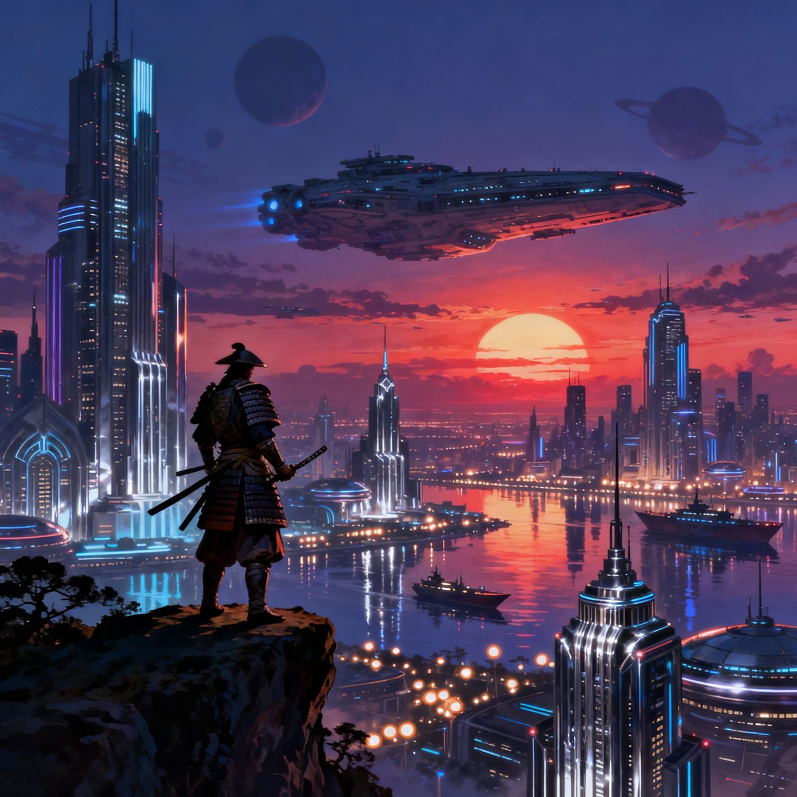 Samurai Overlooking Art Deco Metropolis at Dusk