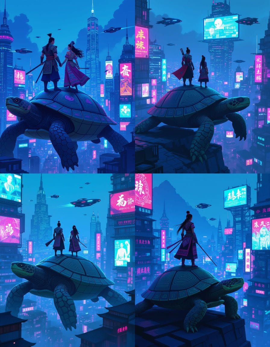 Picture a Hmong warrior standing atop a colossal, cybernetic...