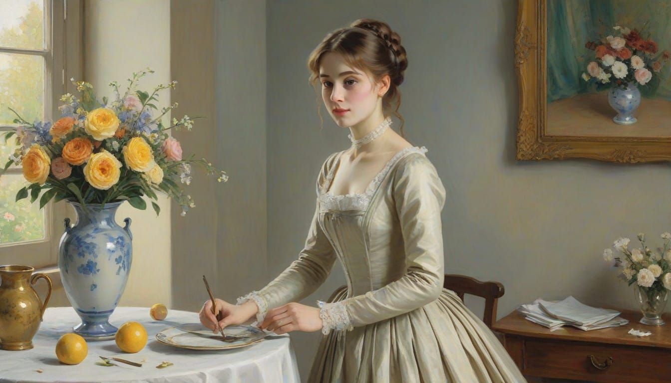 Elegant Woman Arranging Flowers in Impressionist Style