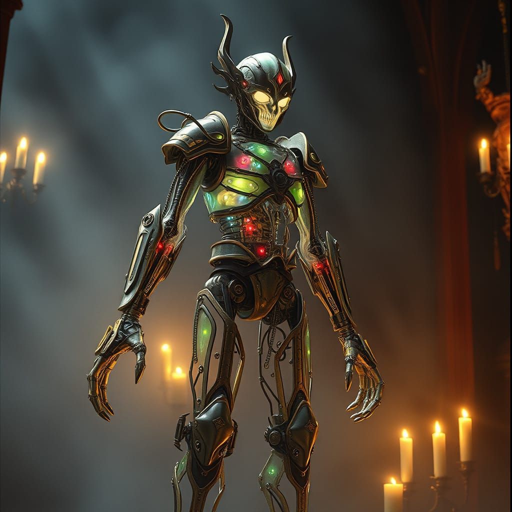 Medieval Automaton with Glowing Circuits in Golden Light