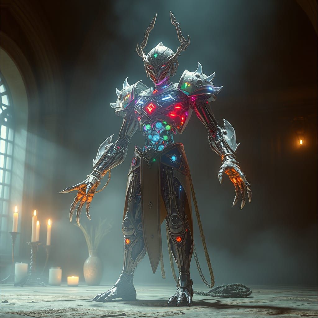 Medieval Automaton with Glowing Circuits in a Misty Chamber