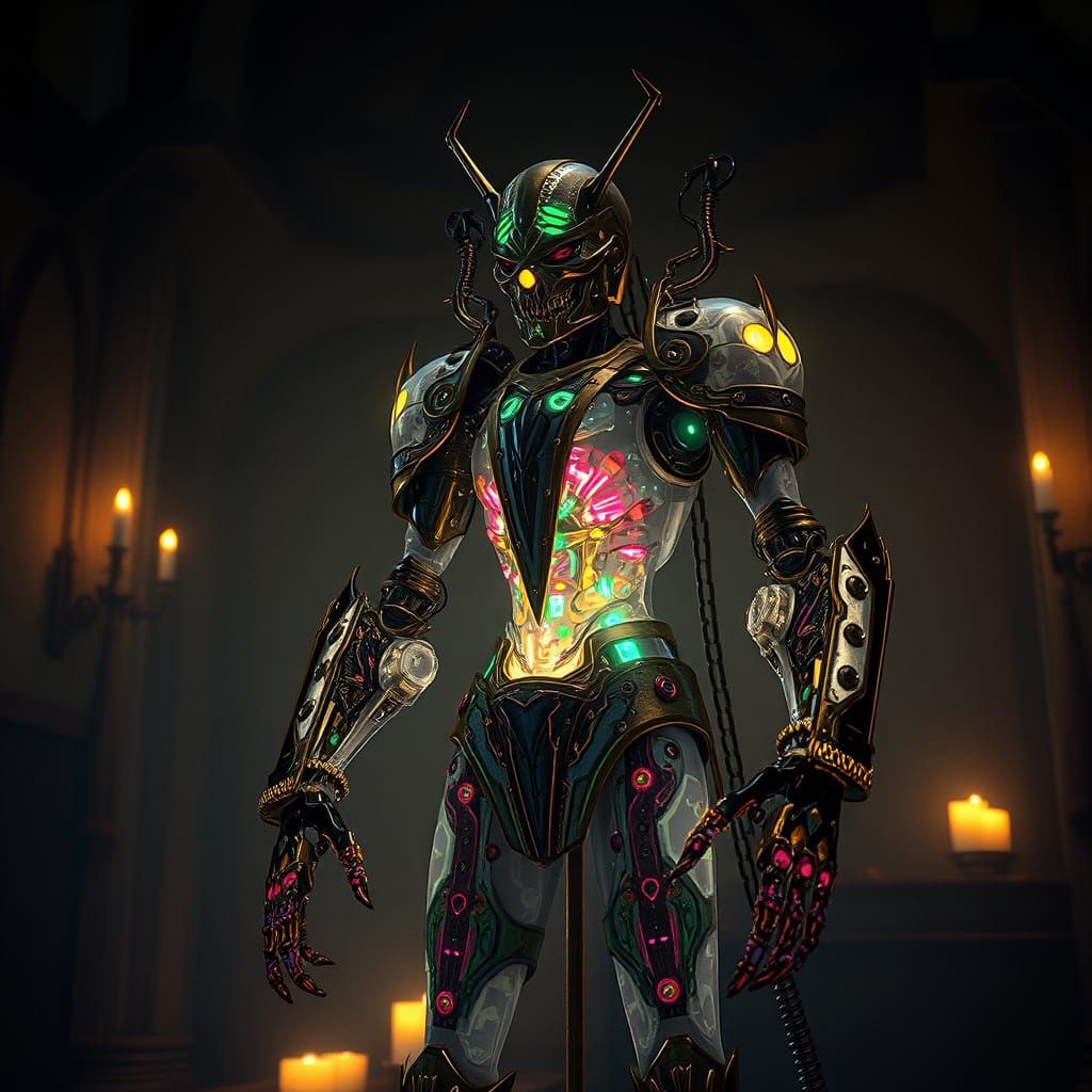 Medieval Automaton with Glowing Circuits in Cinematic Style