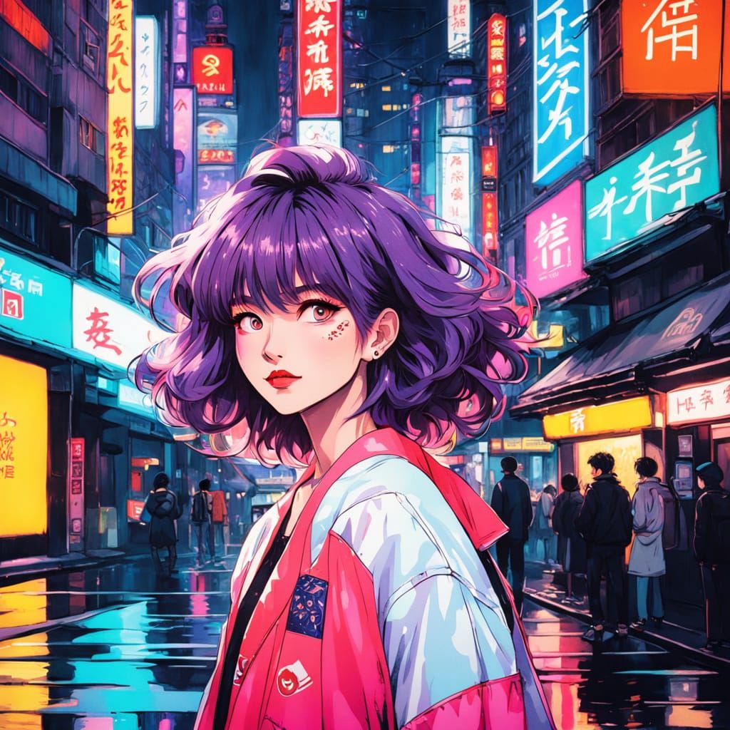 Retro Anime Portrait of a Tokyo Girl
