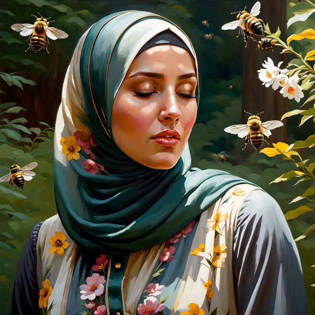 Danish Girl Portrait in Forest of Bees, Oil Painting