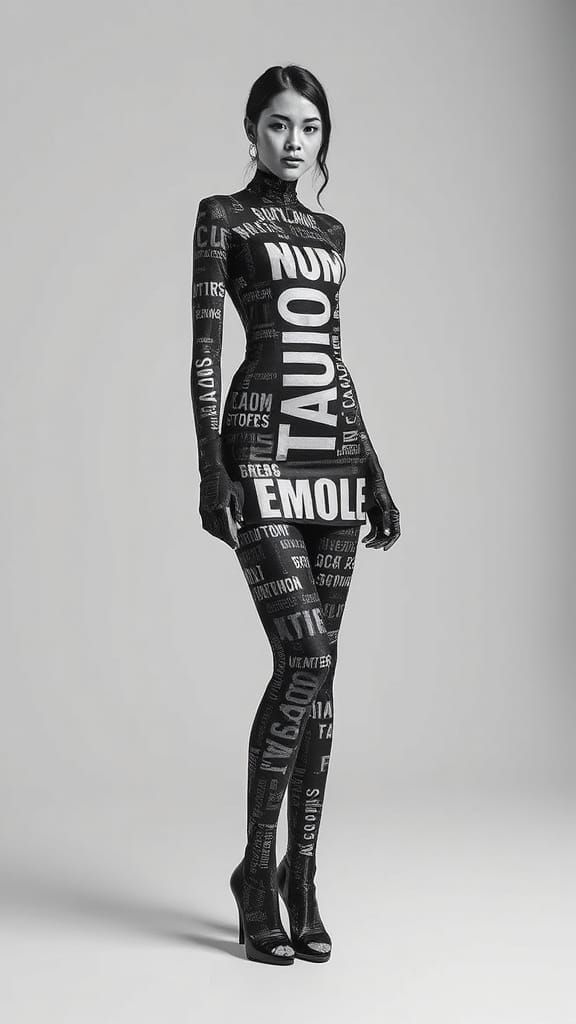 Grotesquepunk Woman Formed from Words in Black and White