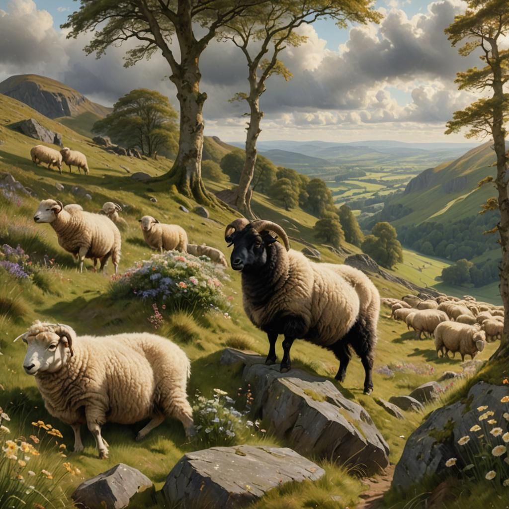 Scottish Blackface Sheep Grazing in Summer Sunlight