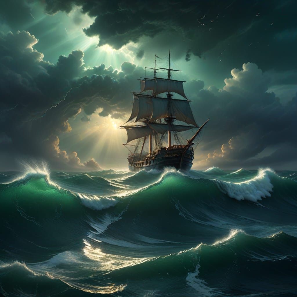 Dramatic Ocean Storm with Ship, in Romantic Style