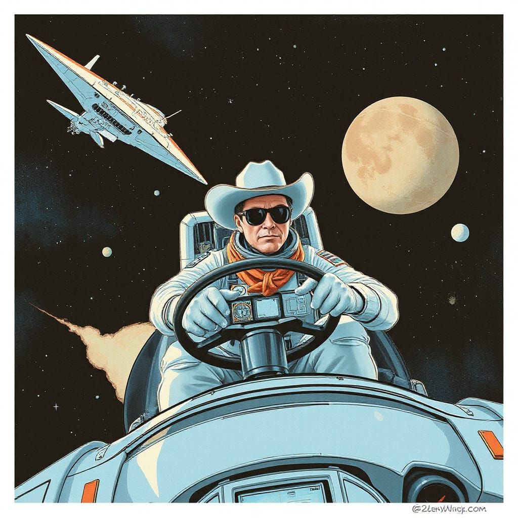 Space Cowboy Commands Spaceship on Cosmic Journey