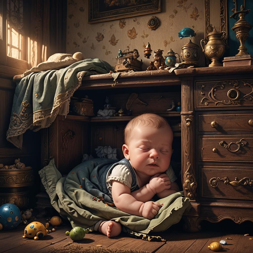 Baby Sleeping Under Dresser: Detailed Matte Painting