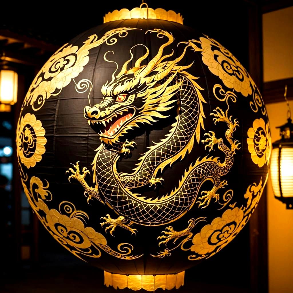 Golden Dragon Japanese Paper Lantern at Night