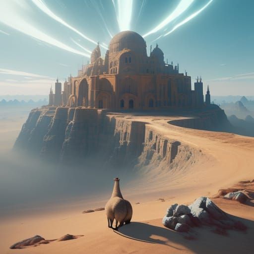 Whimsical Desert Oasis with Baby Camel in Vibrant Fantasy Ar...