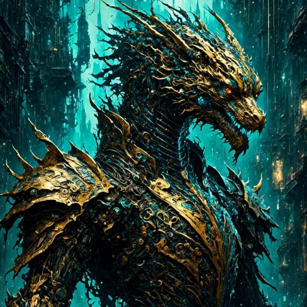 Futuristic Basilisk Knight in Cyberpunk Armor