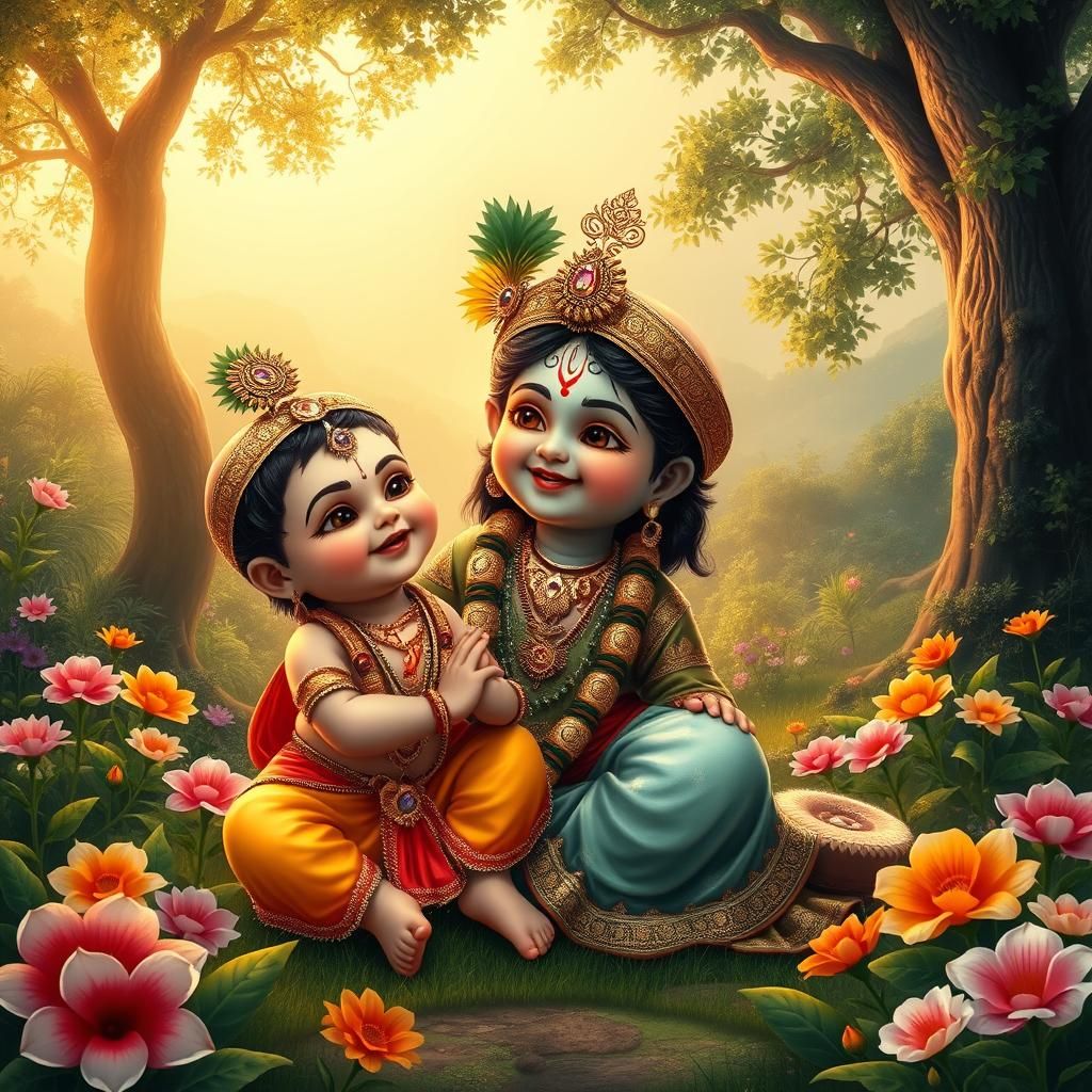 Krishna and Yashodha in Traditional Indian Art Style