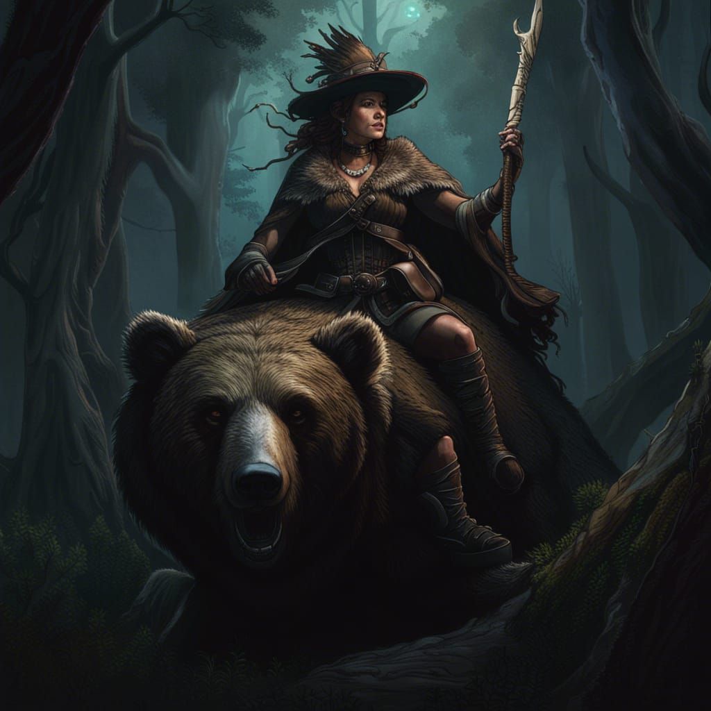 Colonial Woman Rides Bear Monster in Dark Forest
