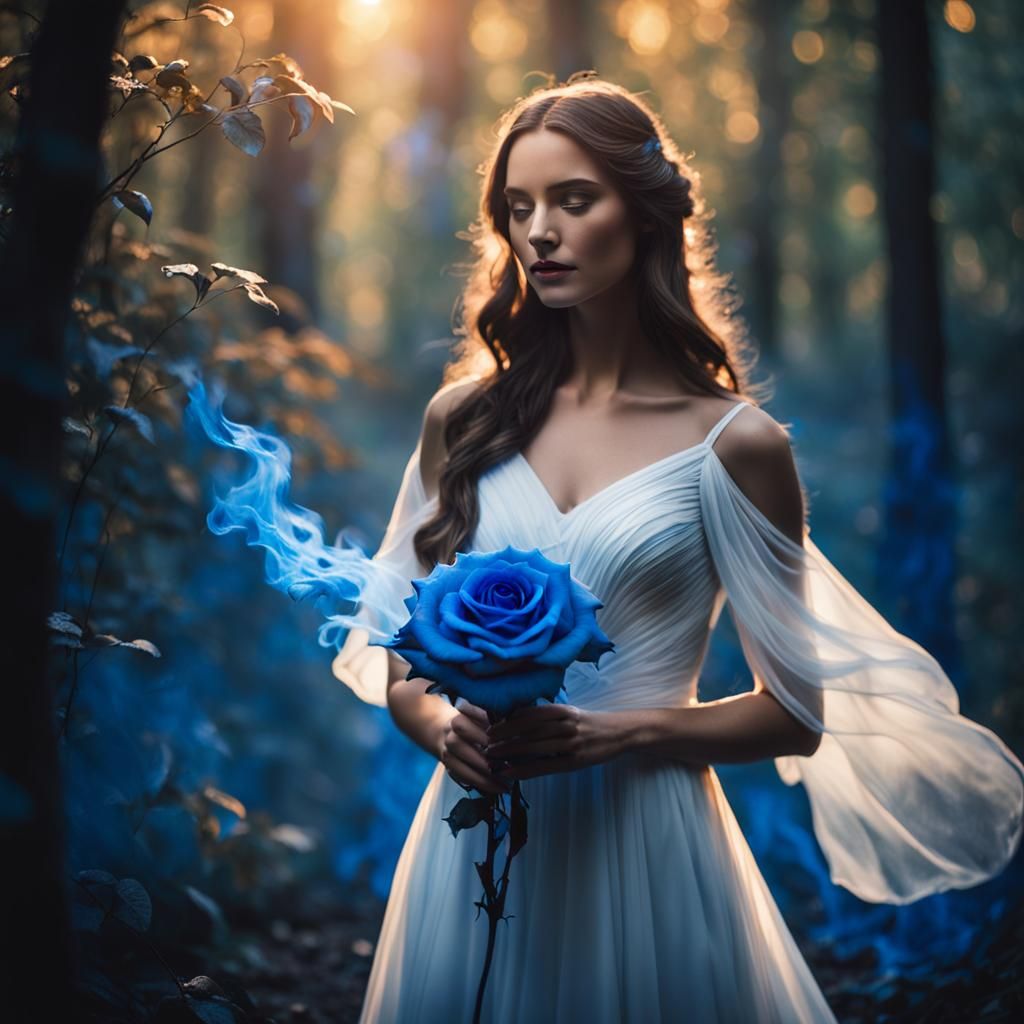 Woman with Blue Flaming Rose in Dark Fantasy Forest