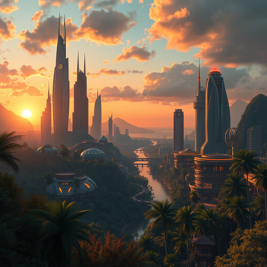 Futuristic African Metropolis at Sunset, Digital Painting