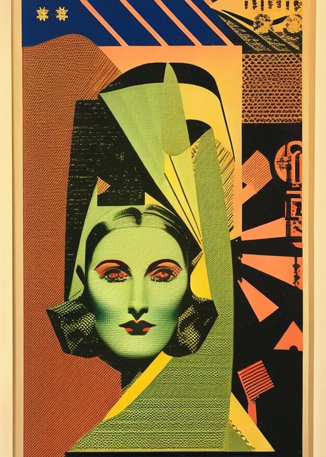 Art Deco Female Face in Risograph Collage