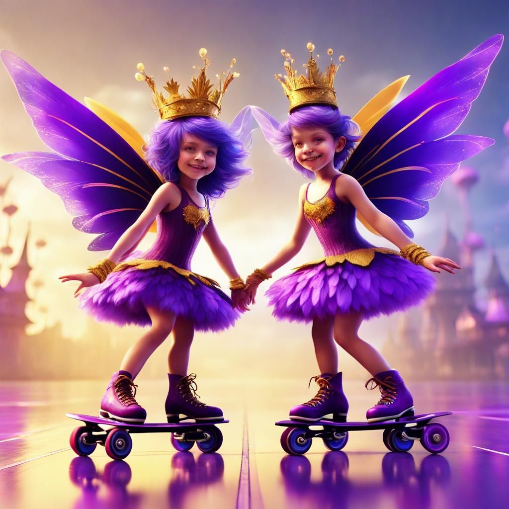 Fairies Roller Skating in Purple and Gold, Fantasy Art