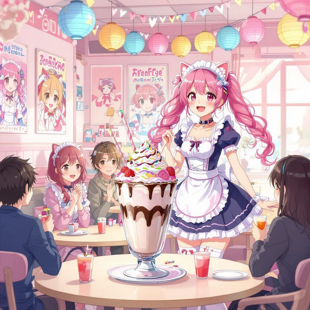 Bright Anime Maid Cafe Interior with Joyful Waitress